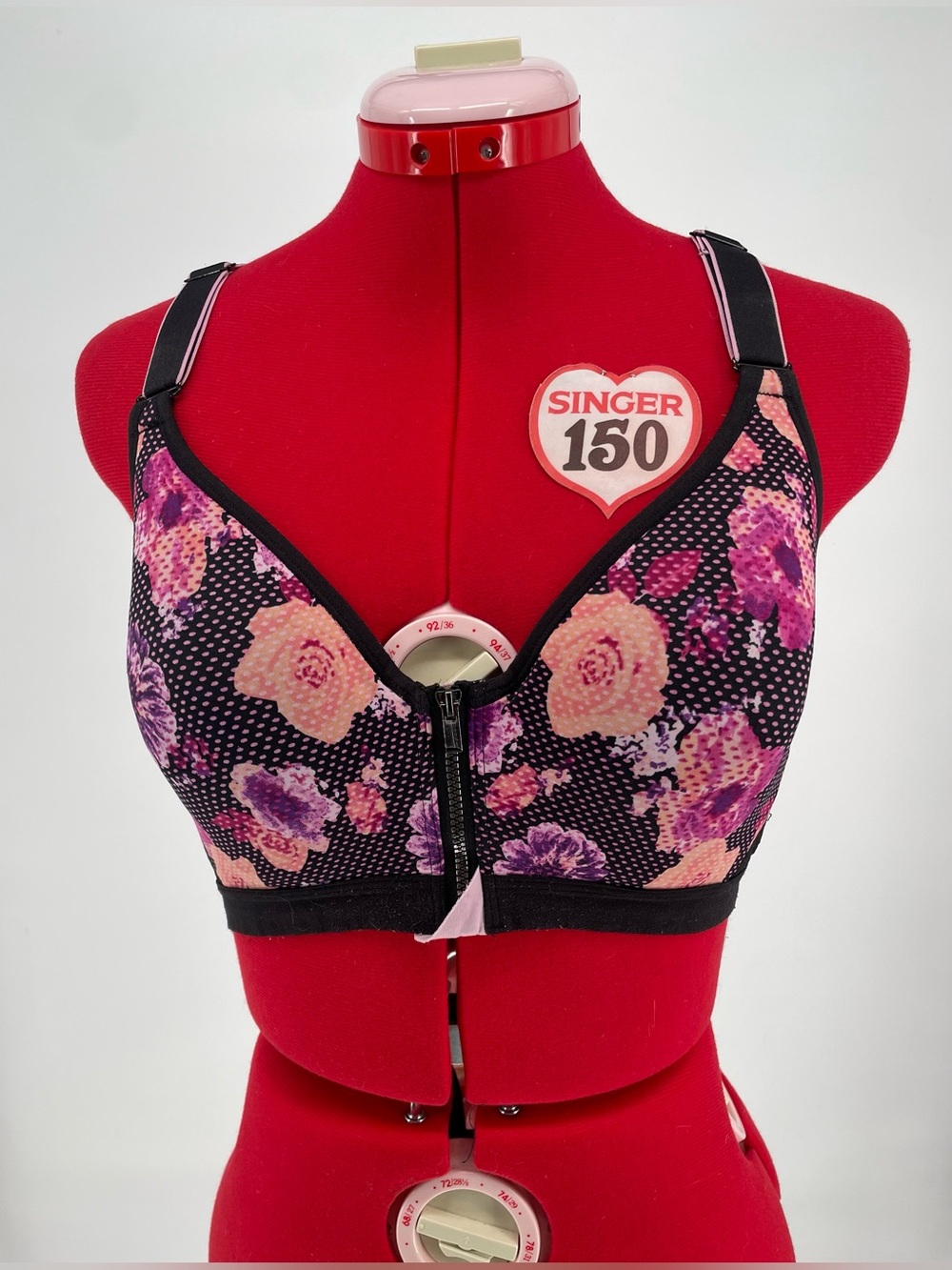 Maidenform Black & Purple Pink Floral Polkadot Front Zip Closure Sports Bra